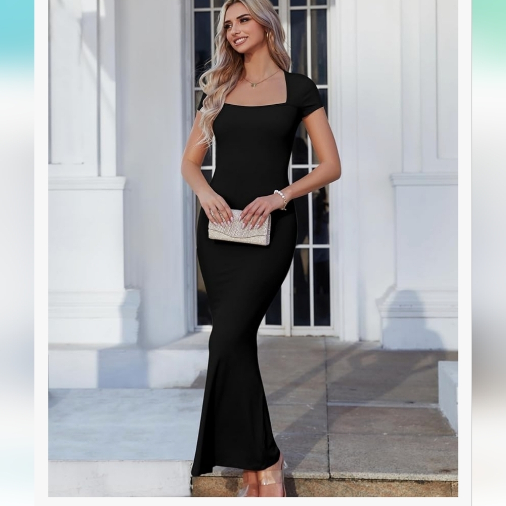 Elegant Square Neck Long Dress Ribbed Bodycon Maxi Dress‎ black Sz xs